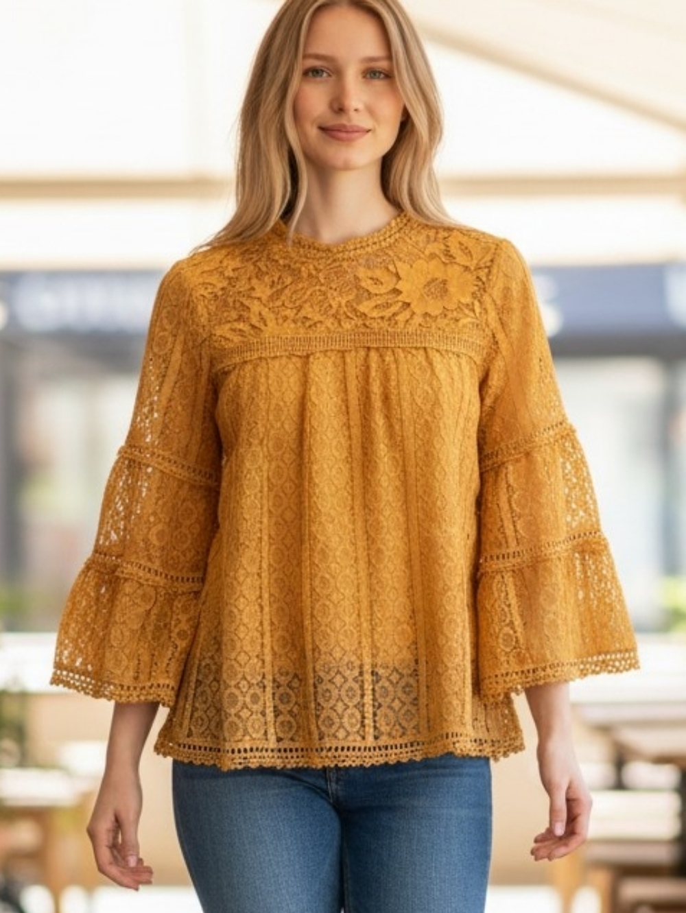 Anthropologie Champagne & Strawberry Lace Boho Tiered Bell Sleeve Blouse LARGE